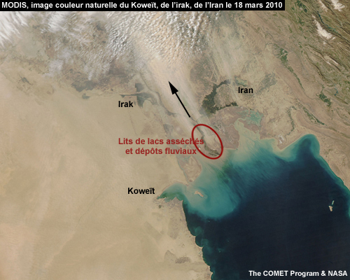 Image MODIS  en couleur naturelle du Koweit, Irak, Iran montrant des panaches de poussière préfrontaux sharqui provenant de lits asséchés de lacs et de dépôts fluviaux dans le sud-est de l'Irak le 18 mars 2010