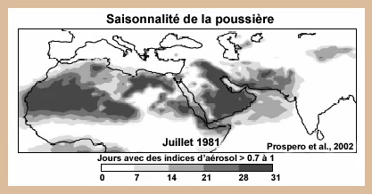Cartes montrant la variabilit saisonnire des origines de poussire dans la ceinture de poussire s'tendant de l'Afrique occidentale  travers la Mongolie