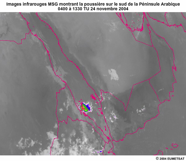Squence d'images IR MSG montrant la poussire sur le sud de la pninsule arabique le 24 novembre 2004 de 0400   1330TU