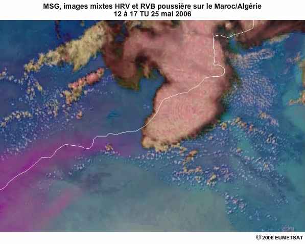 Squence de 5 heures d'images HRV de MSG combines avec des produits RVB poussire le 25 mai 2006, de 12  17 TU