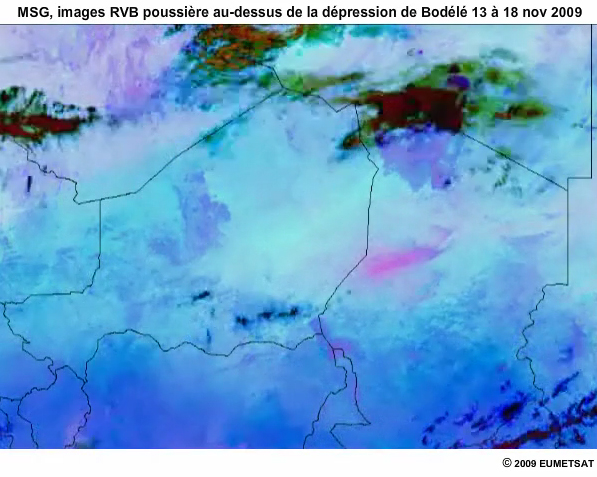 Animation d'images RVB poussire de MSG du 13 au 18 novembre 2009, montrant l'volution d'une tempte de poussire prs de la dpression de Bodl