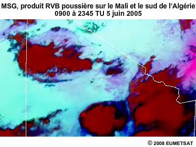 Squence de 15 heures de produits RVB poussire de MSG sur le Mali et le sud de l'Algrie le 5 juin 2005 de 0900  2345 TU