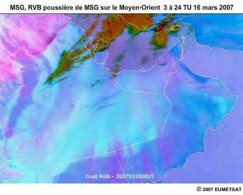 MSG, animation RVB poussire montrant une tempte de poussire le 16 mars 2007 de 03  24 TU