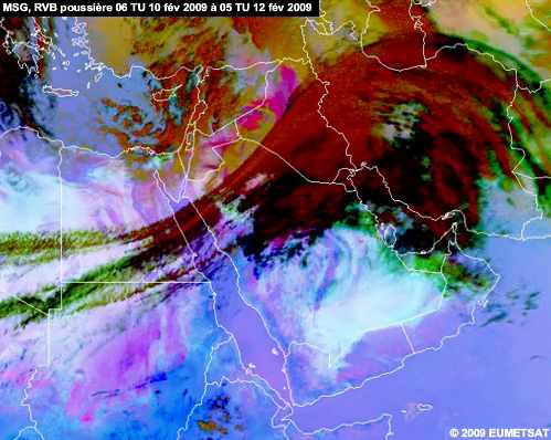 Animation RVB poussire de MSG montrant une tempte de poussire sur le Moyen-Orient du 10 au 12 fvrier 2009