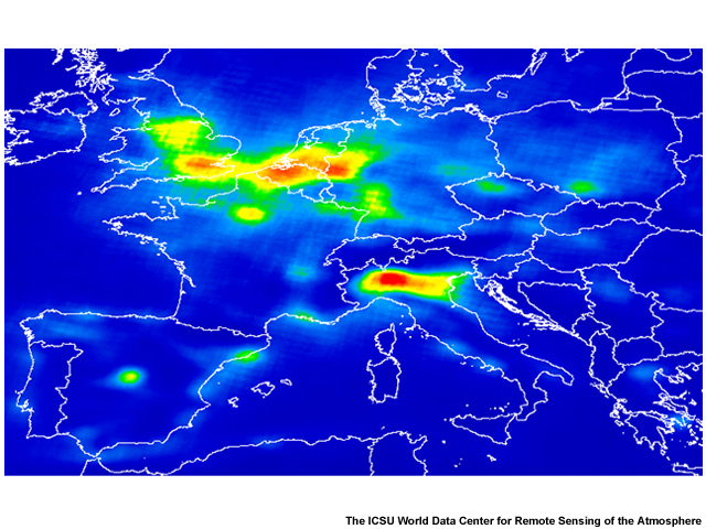 Total amount of nitrogen dioxide (NO2) in the atmosphere above Europe derived from one year of data from the GOME-2 instrument on Metop-A (March 2007 - February 2008). 