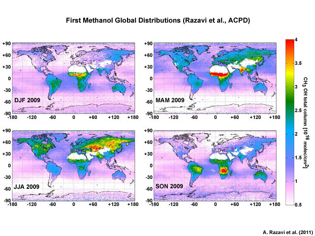 Seasonal distributions of methanol total columns for the year 2009. The white areas correspond to a filter for sandy scenes where emissivity is uncertain