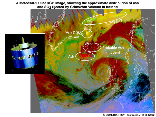 MSG space craft with a A Meteosat-9 Dust RGB image, showing the approximate distribution of ash and SO2 ejected by Grímsvötn volcano in Iceland
