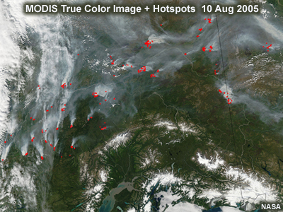 Fires, smoke, and burn scars in Alaska and Yukon Territory, true color image, Aqua MODIS, 10 August 2005