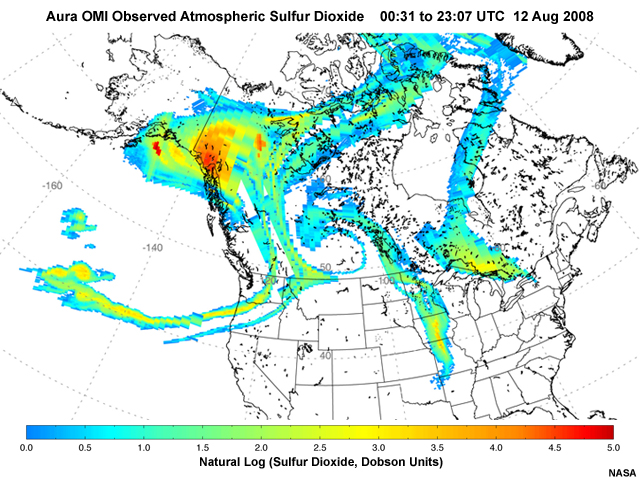 A large SO2 plume from Kasatochi volcano in the Aleutians masking most of Canada and parts of the United States as viewed from the NASA Ozone Monitoring Instrument