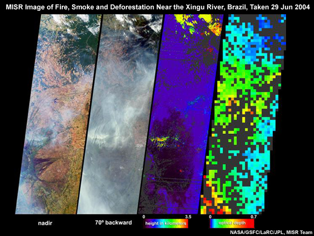 MISR image of fire, smoke and deforestation near the Xingu River, Brazil, taken 29 Jun 2004