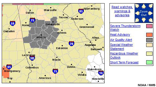 A graphical forecast for part of Georgia showing areas under an air quality alert