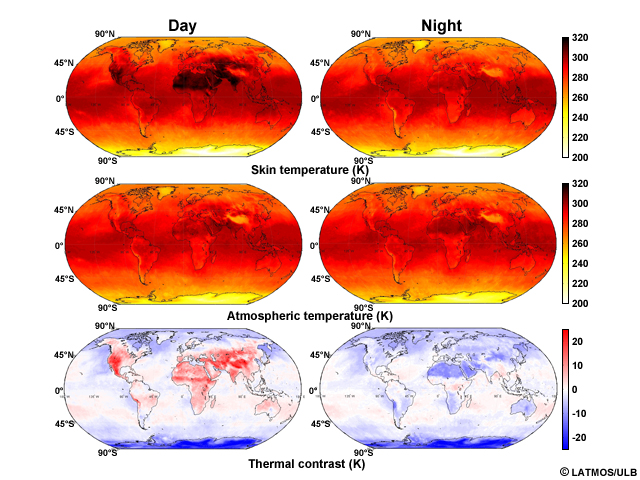 Example of thermal contrast data. Left side--daytime satellite data. Right side--nighttime satellite data. Top row is surface temperature. The middle plots are temperature above the surface--1st atmospheric layer. The two lower plots are the difference between the surface temperature and atmospheric temperature. 