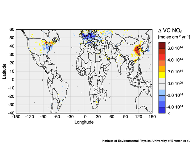 Average annual changes in tropospheric nitrogen dioxide, as observed by GOME from 1996 to 2002. 