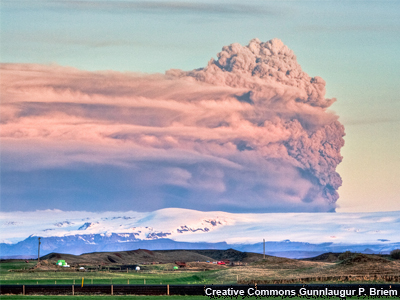 Dark-grey ash plume rises high above Iceland in this early morning photo of Eyjafjalljokull' s eruption.