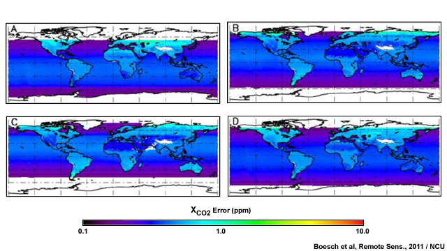 Distribution of the XCO2 retrieval errors for single soundings in glint mode for January (A), April (B), July (C) and October (D)