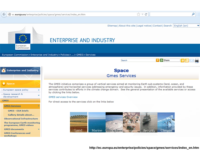 Screen grab of the GMES Services website at http://ec.europa.eu/enterprise/policies/space/gmes/services/index_en.htm