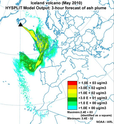 NOAA Air Resources Laboratory HYSPLIT model 3-hour forecast of the ash plume path from the eruption of Iceland's Eyjafjallajökull volcano in early May 2010