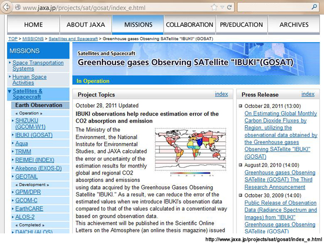 The Greenhouse Gases Observing Satellite "IBUKI" (GOSAT) is  the world's first satellite to observe global greenhouse gases from space. 