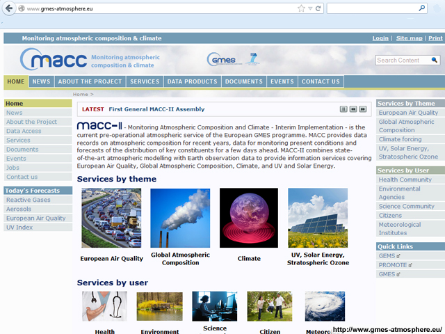 Screen grab of the MACC Project website at http://www.gmes-atmosphere.eu/