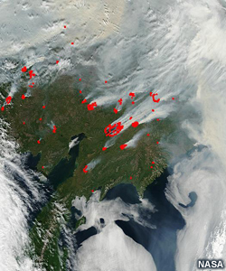 Fires and smoke in eastern Siberia as seen with Aqua/MODIS