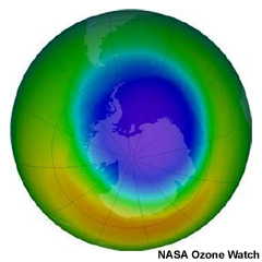 False-color view of the monthly-averaged total ozone over the Antarctic pole