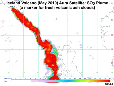 During the eruption of Iceland's Eyjafjallajökull volcano in early May 2010, the Ozone Monitoring Instrument on NASA's Aura showed the eruption's sulfur dioxide plume, which is a marker for fresh volcanic ash clouds. 