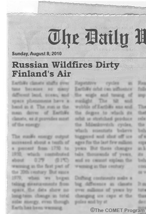 Newspaper article with headline "Russian Wildfires Dirty Finland's Air"