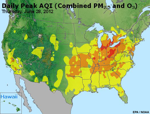 Graphical daily peak AQI (Air Quality Index)  forecasts for the combination of PM2.5 and O3 for the entire U.S.