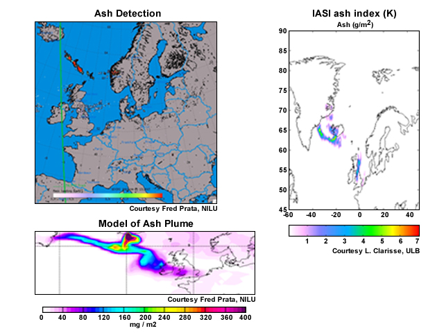 Upper left image--ash detection, right image--IASI ash index, lower left image--model of ash plume