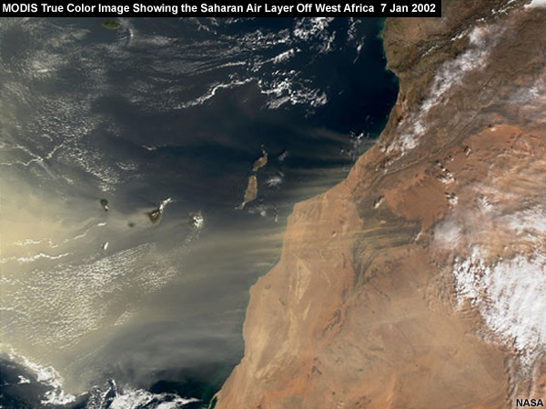 MODIS true color image showing the Saharan air layer off West Africa on 7 Jan 2002