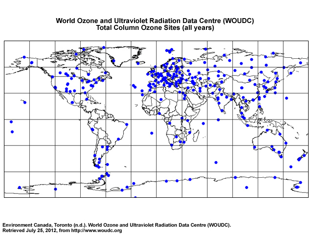 World Ozone and Ultraviolet Radiation Data Centre (WOUDC) map of total column ozone sites
