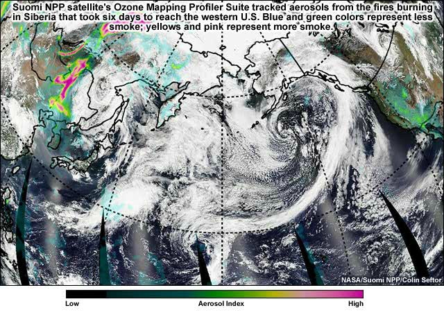 Suomi NPP satellite's Ozone Mapping Profiler Suite tracked aerosols from the fires burning in Siberia that took six days to reach the western U.S. The blue and green colors represent less smoke; yellows and pink represent more smoke. Smoke density is identified by the level of transparency in the coloration. 

