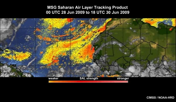 SAL Tracking Product showing the Saharan air layer moving across the Atlantic Ocean from 28 to 30 June 2009