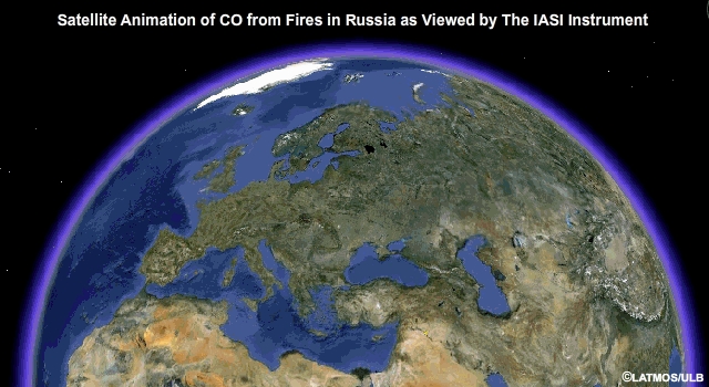 Satellite animation of carbon monoxide emitted from fires in Russia as viewed by the IASI instrument