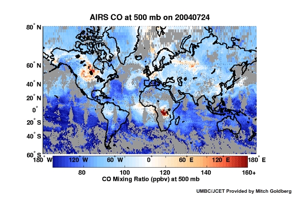 Animation showing global carbon monoxide measurements at 500 mb from the AIRS instrument from 3 to 24 July 2004