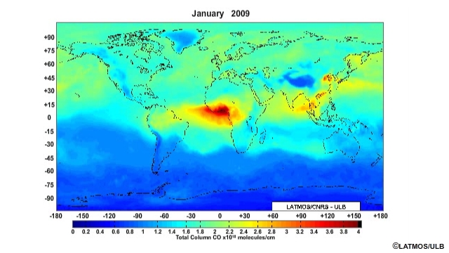 Satellite animation of global total column CO viewed by the IASI instrument