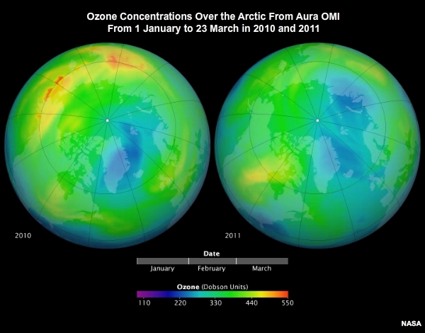 Ozone concentrations over the Arctic from Aura OMI from 1 January to 23 March in 2010 and 2011