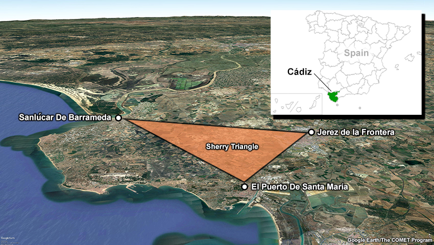 A map of the Sherry Triangle in southern Spain.