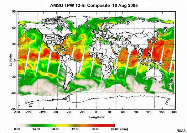 AMSU total precipitable water (column integrated water vapor) global composite product.