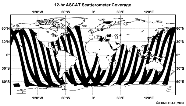 Plot showing 12 hour ASCAT scatterometer global coverage.