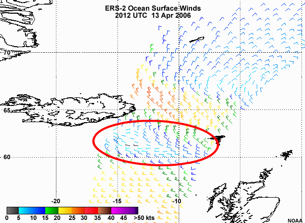 Plot of ERS-2 ocean surface wind vectors over north Atlantic Ocean showing blocking of winds downwind of Iceland.