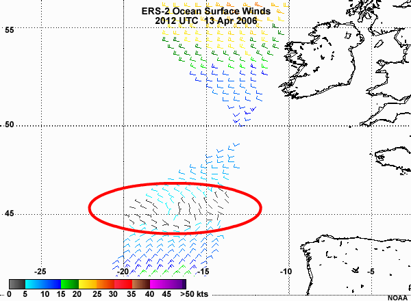 Plot of ERS-2 ocean surface wind vectors over north Atlantic Ocean showing confluence pattern associated with a frontal zone.