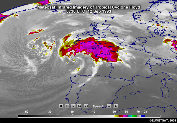 Twelve hour Meteosat infrared imagery loop of tropical cyclone Floyd prior to landfall in western Europe on 12 September 1993.
