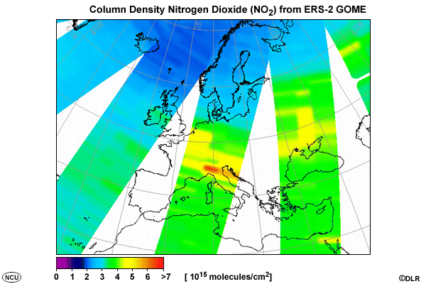 GOME Level 2 product example of column density nitrogen dioxide as seen with the ERS-2 GOME instrument.