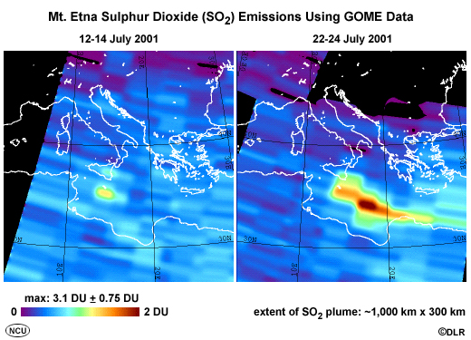 GOME Level 2 product example, column density sulfur dioxide from the Mt. Etna volcano as seen with the ERS-2 GOME-1 instrument.