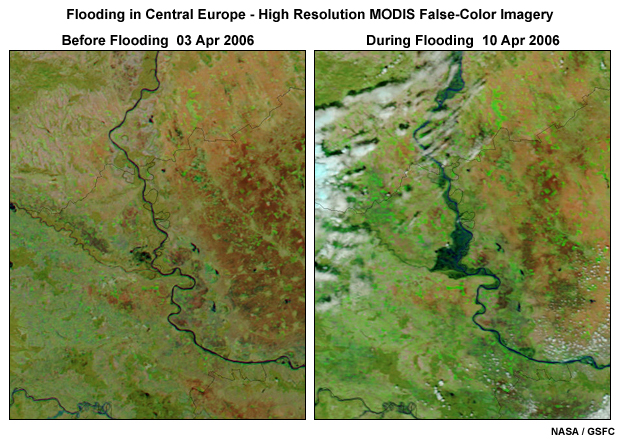 MODIS false-color visible-shortwave infrared composite showing spring floods over portions of central Europe along the Danube River during April 2006.