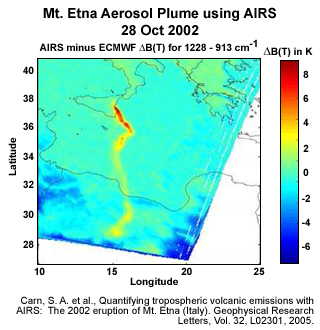 Volcanic aerosol plume from Mount Etna, Sicily eruption as seen with AIRS on 30 October 2002.
