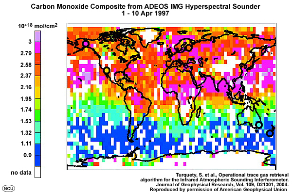 Global composite of column total carbon monoxide (CO) from the ADEOS IMG hyperspectral sounder for 1-10 April 1997.