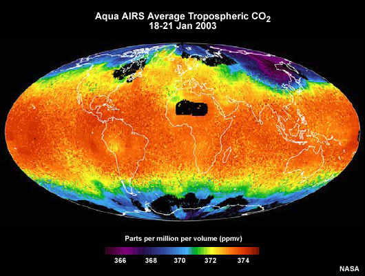 Tropospheric average carbon dioxide concentrations as retrieved from EOS Aqua AIRS sounder data.