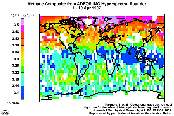 Global composite of total column methane from the ADEOS IMG hyperspectral sounder, 1-10 April 1997.